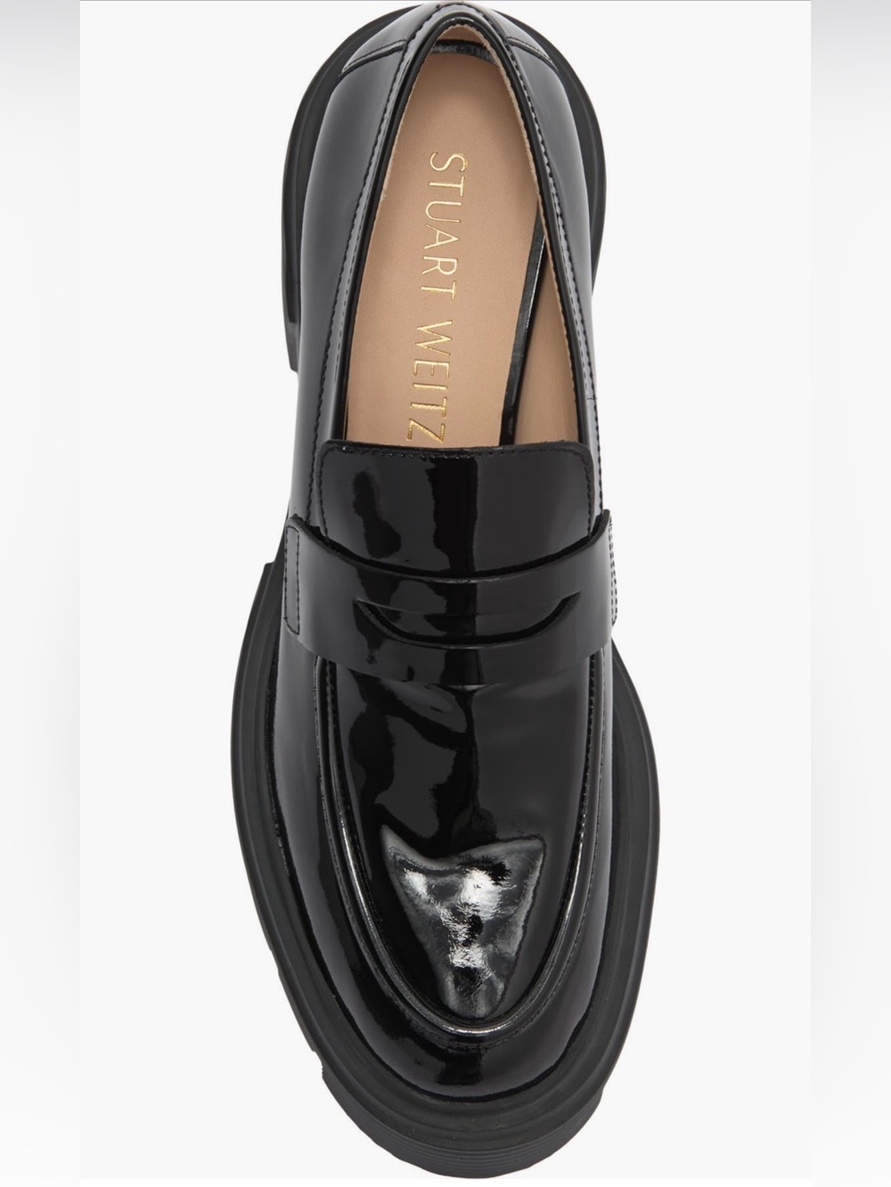 Stuart Weitzman Black Patent Lug Sole Penny Loafers